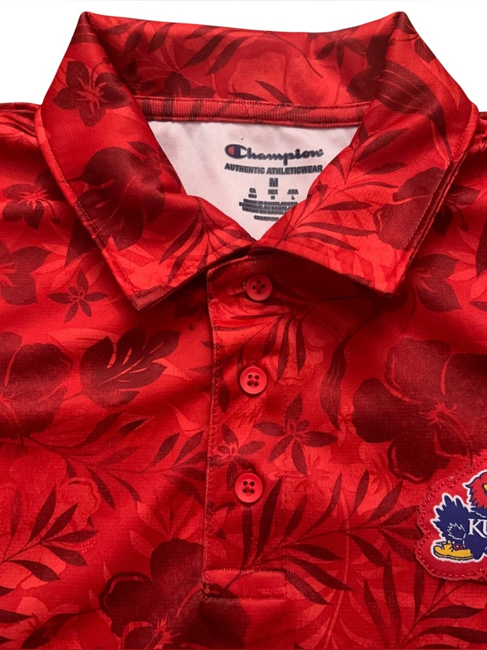 Champion Polo Shirt Mens Size M NCAA University of Kansas Jayhawks Floral Red
